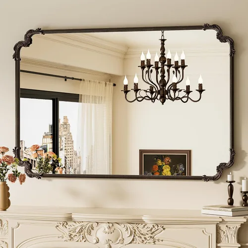 Vista 29 de Espejo rectangular negro barroco vintage para pared, 22 x 30 pulgadas, marco de desplazamiento antiguo, espejo de manto francés para chimenea, baño