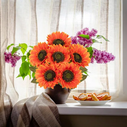 Vista 6 de Girasoles artificiales de seda grandes de color naranja, flores de otoño artificiales de tallo largo de 26 pulgadas, 6 piezas de girasoles falsos