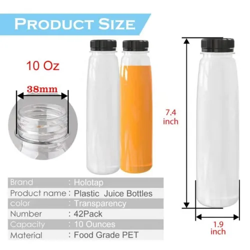 Vista 5 de Holotap 36 botellas de plástico para jugo de 10 onzas con tapas, botellas de plástico desechables transparentes a granel con tapas negras a prueba