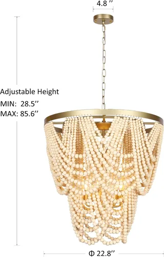 Vista 6 de Candelabro de madera bohemia con cuentas de 6 luces para comedor, lámpara colgante costera para dormitorio, lámparas modernas de granja