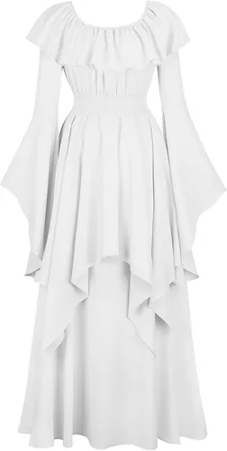 Vista 3 de Vestido medieval renacentista para mujer, vestido largo de cintura alta, victoriano, vintage, Halloween, un hombro, gótico, vestidos góticos