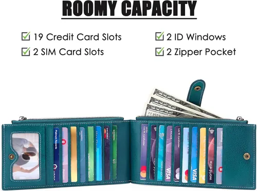 Vista 4 de KELEEL Cartera de mujer con bloqueo RFID plegable de piel auténtica con doble bolsillo con cremallera extraíble, funda para tarjetas múltiples