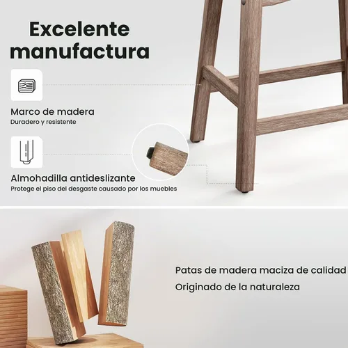 Vista 7 de Juego de 2 taburetes de bar PHI VILLA estilo granja - Taburetes de madera con asiento de sillín tapizado, taburetes de 24 pulgadas para juego de 2