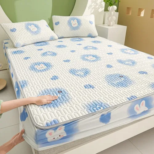 Vista 26 de FCLDESHOP Sábanas de bolsillos profundos, sábana bajera con estampado de látex fresco grueso de verano, protector de colchón de animé de dibujos