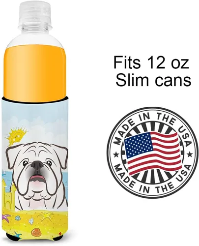 Vista 4 de Caroline's Treasures BB2088MUK Bulldog Inglés Blanco Verano Playa Hugger para latas delgadas Puede Enfriar Manga Abrazador Lavable a Máquina Manga