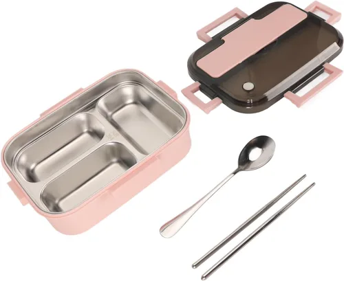 Vista 6 de TOPINCN Lonchera con 3 compartimentos, contenedor de acero para comida con palillos, contenedor de almuerzo con aislamiento térmico