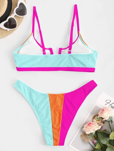 Vista 3 de ZAFUL - Conjunto de bikini de corte alto para mujer, traje de baño de dos piezas acanalado con aro en V