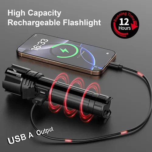 Vista 4 de Linterna 20000 Lúmenes Altos Recargable - Luz LED Flash Súper Brillante de 30W Haz de 5000ft y 12H de Larga Duración USB C Linterna de Policía