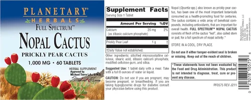 Vista 4 de Planetary Herbals Full Spectrum Nopal Cactus 1000 mg de cacto de tuna antioxidante - 100% natural - 60 tabletas