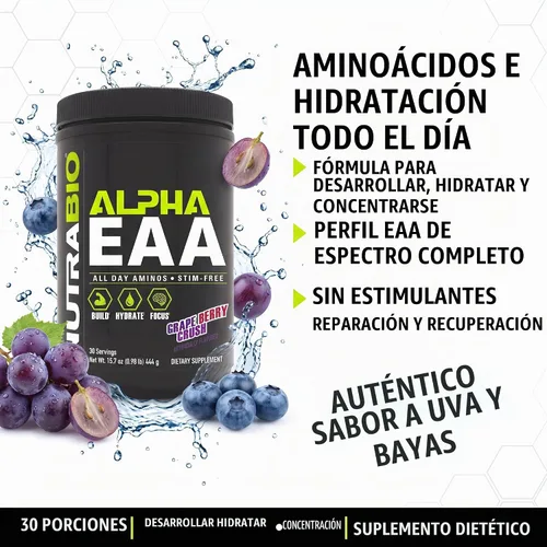 Vista 3 de NutraBio Alpha EAA - Aminoácidos de Todo el Día para el Crecimiento Muscular e Hidratación - Aminoácidos Esenciales con Nootrópicos y Adaptógenos