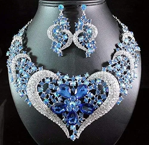 Vista 2 de janefashions Corazón Azul Austriaca Rhinestone Crystal babero collar arete set nupcial n1620b
