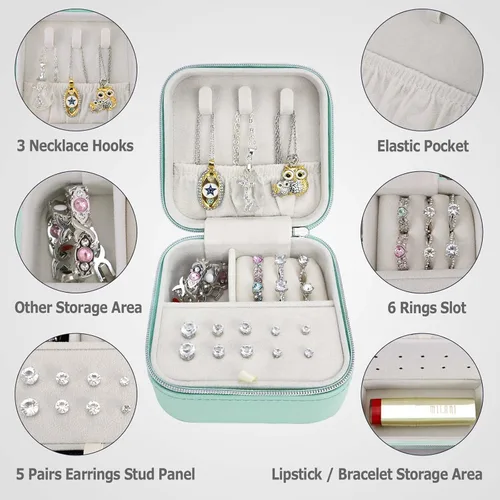 Vista 2 de Joyero de viaje organizador pequeño joyero Portabel Mini joyero para anillos, aretes, collares, pulseras y lápiz labial, color verde