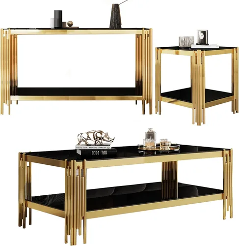 Vista 22 de SSLine Mesa de centro de cristal negro con marco de acero inoxidable dorado, mesa de centro rectangular de lujo de 2 niveles para sala de estar Café