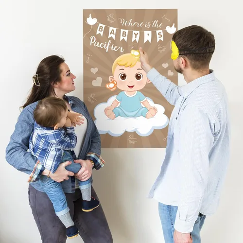 Vista 3 de Hxezoc Pin de juego para baby shower, con 72 calcomanías para chupete, póster grande de juegos de fiesta de bebé para niños, baby shower