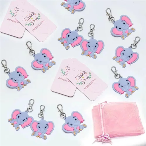 Vista 2 de Juego de 50 llaveros de elefante para baby shower, recuerdos de fiesta temática de elefante, suministros de fiesta de cumpleaños para niños y niñas