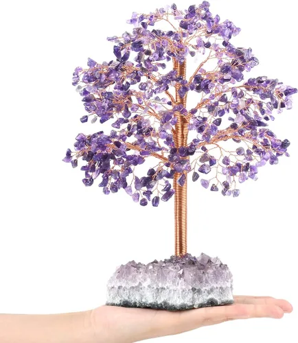 Vista 3 de MASGEMES Árbol de cristal grande de amatista natural con base de racimo de amatista árbol de Feng Shui curativo árbol de dinero bonsái para riqueza