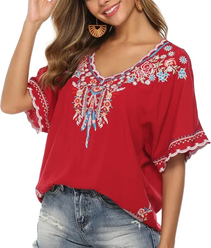 Vista 2 de Camisetas bordadas mexicanas para mujer, de manga corta, estilo bohemio, blusas campesinas, ajuste holgado, ropa hippie