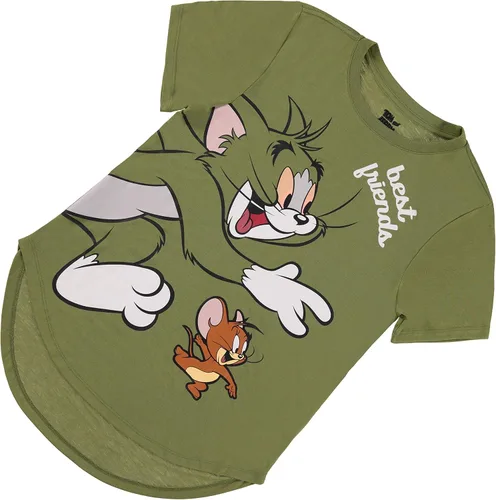 Vista 6 de Camiseta de batalla de Tom & Jerry para mujer, diseño vintage de dibujos animados de Hanna Barbera, diseño de gato y ratón con dobladillo curvado