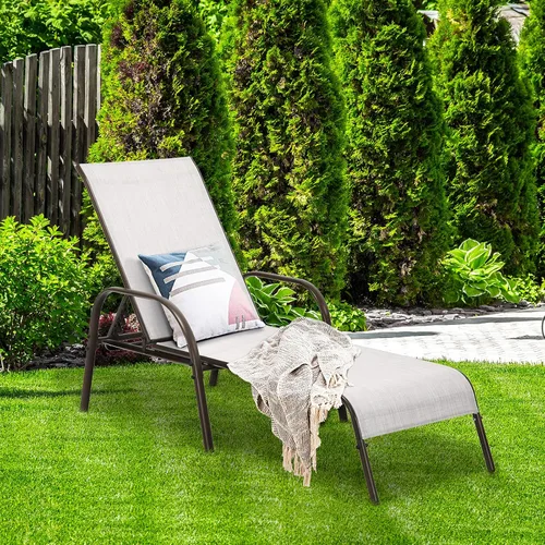 Vista 5 de COSTWAY Sillón de patio al aire libre, tumbona, tela ajustable, reclinable, reposabrazos para piscina (gris)