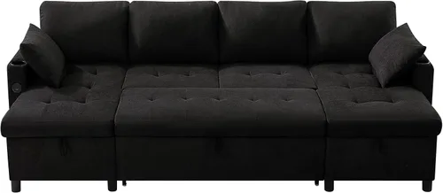 Vista 8 de Sofá cama extraíble de tela de 110 pulgadas con respaldos ajustables, sofá cama modular con puertos USB y 2 soportes para tazas, sofá tapizado
