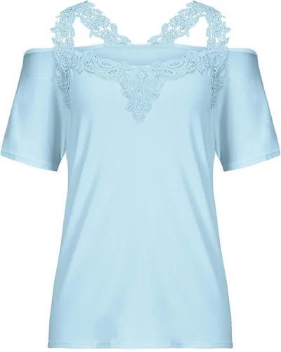 Vista 3 de Camisetas sexys para mujer, estilo casual, de verano, con hombros descubiertos, manga corta, de encaje, retazos, talla grande, túnica