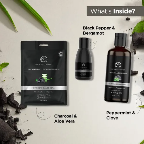 Vista 3 de The Man Company Kit definitivo de carbón con elegante caja de regalo Gel de baño de carbón, champú, exfoliante facial, lavado facial, jabón