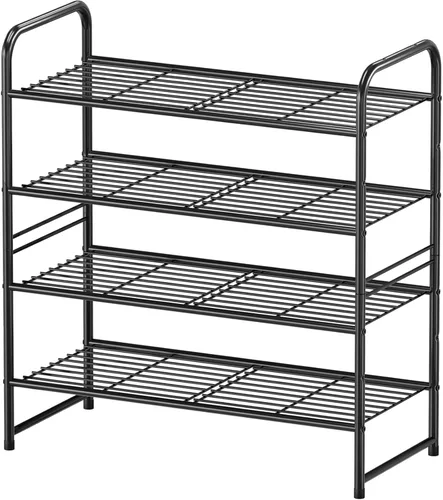 Vista 7 de Zapatero simple de 2 niveles y 27 pulgadas de ancho, estante organizador de zapatos de metal resistente para entrada, puerta delantera, color negro