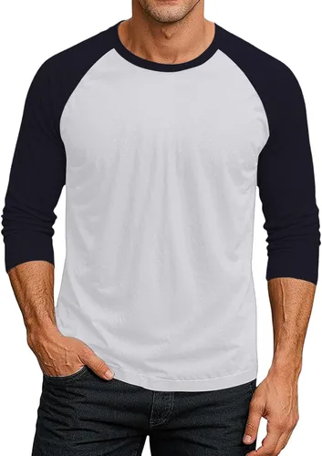 Vista 15 de Camiseta de béisbol raglán para hombre, manga larga, cuello redondo, tela ligera que absorbe la humedad para uso casual