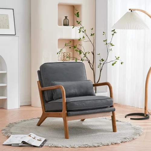 Vista 2 de Sillón moderno Mid-Century - Sillón de interior con respaldo y cojín de asiento, silla de lectura tapizada de terciopelo de peluche con reposabrazos