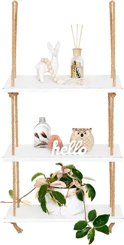 Vista 9 de Mkono Estantes colgantes de madera rústica de 3 niveles, estantes flotantes de pared para plantas de fotos, estante de almacenamiento colgante