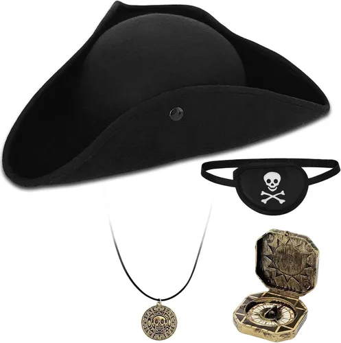 Vista 9 de Zddaoole 4PCS Pirate Hat,Renaissance Pirate Tricorn Hat with Eye Patch & Necklaces for Halloween Cosplay