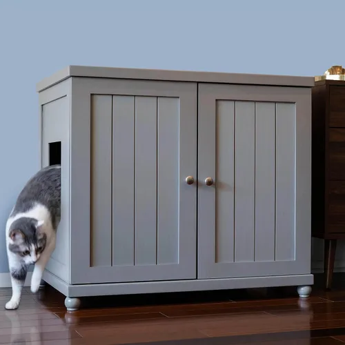 Vista 11 de THE REFINED FELINE Armario de caja de arena para gatos, cabaña, gris humo, pies de mediados de siglo, grande, muebles de arena oculta para gatos