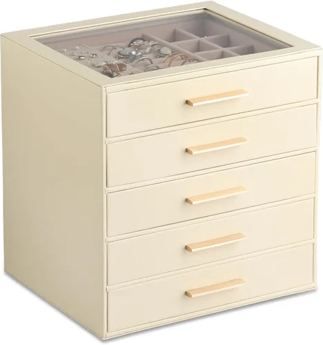 Vista 18 de Frebeauty Joyero para mujer, organizador de joyas con tapa transparente con 3 cajones Marrón Oscuro