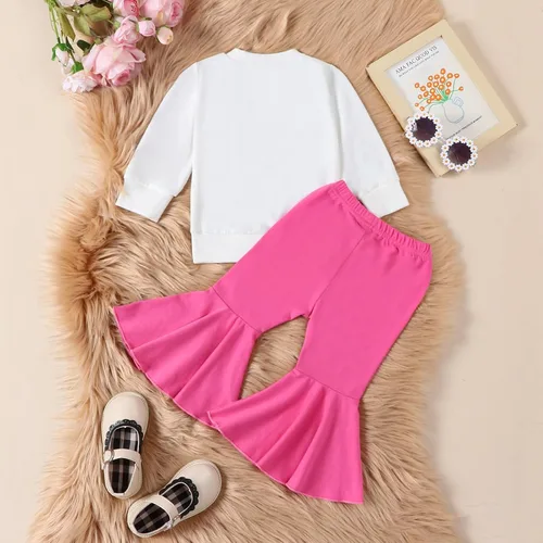 Vista 3 de Conjunto de sudadera de manga larga con cuello redondo y pantalones acampanados para bebé niña