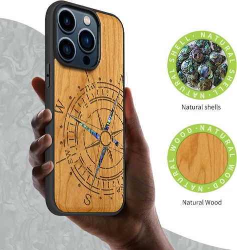 Vista 2 de Carveit Funda magnética de madera para iPhone 15 Pro, compatible con cargadores inalámbricos MagSafe, funda a prueba de golpes, carcasa hecha a mano