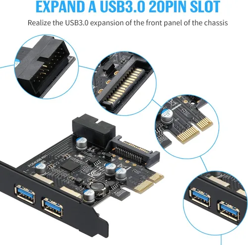 Vista 4 de Tarjeta de expansión USB 3.0 PCIe X1 de 5 Gbps Superspeed 2 puertos externos + adaptador interno de 19 pines USB 3.0 controlador PCI-E compatible