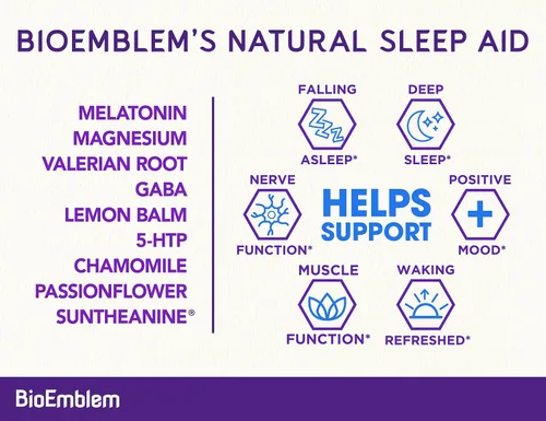 Vista 2 de BioEmblem Ayuda natural para dormir para adultos con melatonina, raíz de valeriana, suntheanina y más Suplemento para dormir saludable Pastillas