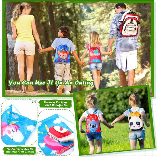 Vista 4 de Shappy Paquete de 12 bolsas de recuerdos de fiesta de animales de dibujos animados, bolsa de regalo de animales de safari, mochila con cordón
