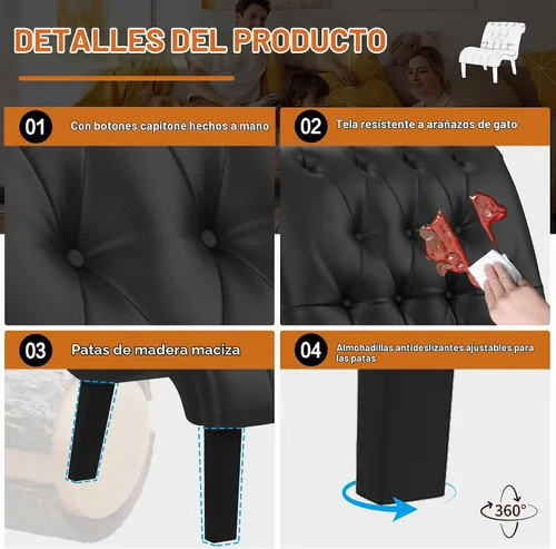 Vista 4 de Silla decorativa de piel sintética negra moderna con botones capitoné tapizada sin brazos para dormitorio, sala de estar con patas de madera