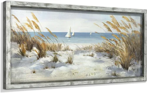 Vista 9 de Pintura enmarcada de playa para decoración de pared: arte abstracto de la pared del océano, pintura al óleo costera, gaviotas, imagen impresa