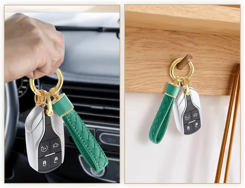 Vista 7 de Gkeygo Llavero de cuero para automóvil, llaveros tejidos hechos a mano para mujeres y hombres, soporte universal para llavero con rotación de 360