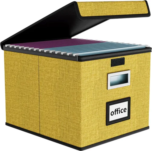 Vista 27 de Caja organizadora de archivos Huolewa con tapa, caja organizadora de carpetas de archivos colgantes de cuero sintético plegable con deslizadores