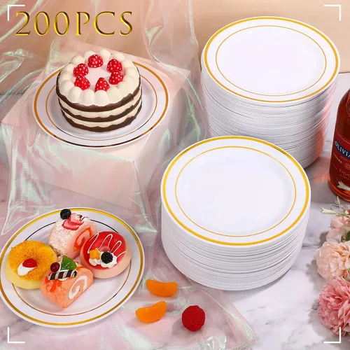 Vista 4 de Sieral 200 platos desechables de plástico para fiestas con borde de plástico duro, aperitivo, ensalada, postre de 7.5 pulgadas, elegante vajilla