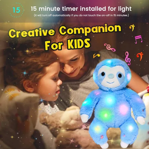 Vista 6 de Hopearl Perezoso de peluche con luces LED y música, perezoso de tres dedos flexible de felpa, con luces de noche que brillan en la oscuridad