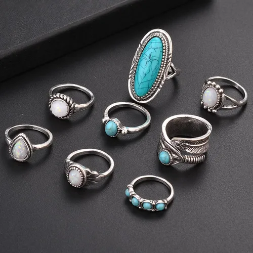 Vista 5 de Juego de anillos bohemios de turquesa para mujer, anillos apilables vintage para nudillos, anillos ovalados con piedras preciosas de piedra gruesa