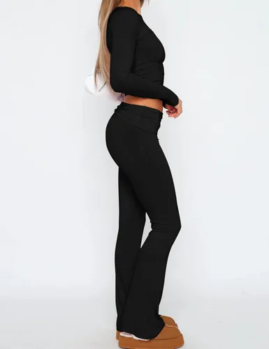 Vista 3 de ICOBID Conjunto de 2 piezas para mujer, camiseta corta básica de manga larga y leggings acampanados, pantalones de yoga de cintura baja