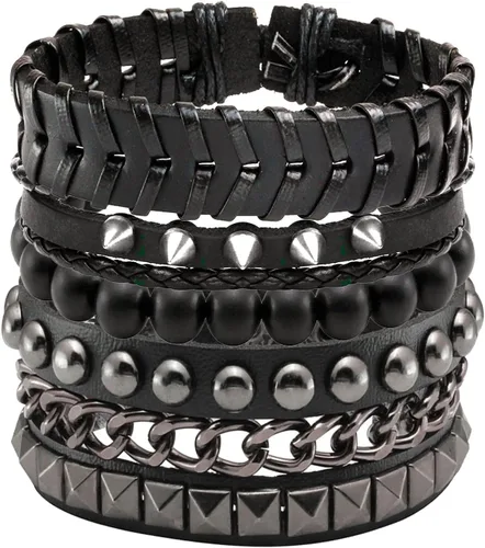 Vista 6 de Eigso 2-5 pulseras de piel sintética para hombres y mujeres, pulseras góticas steampunk ajustables con cadenas