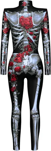 Vista 4 de Selowin Disfraz de vampiro con estampado 3D para mujer, disfraz de esqueleto de Halloween, overol ajustado de hueso, rojo, talla M
