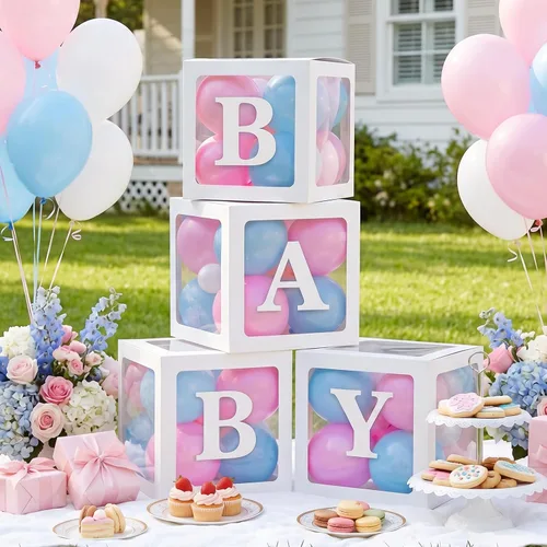 Vista 8 de RUBFAC Cajas de bebé con letras para baby shower, 4 piezas estilo rústico de granja bohemia con asa de arpillera y grano para decoración