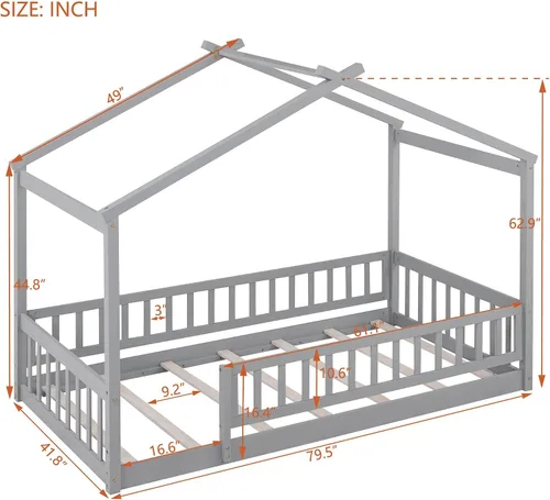 Vista 2 de Cama con dosel con valla, moderna cama de plataforma de madera maciza con cabecera y soporte de listones, moderna cama con paneles de 4 carteles Gris